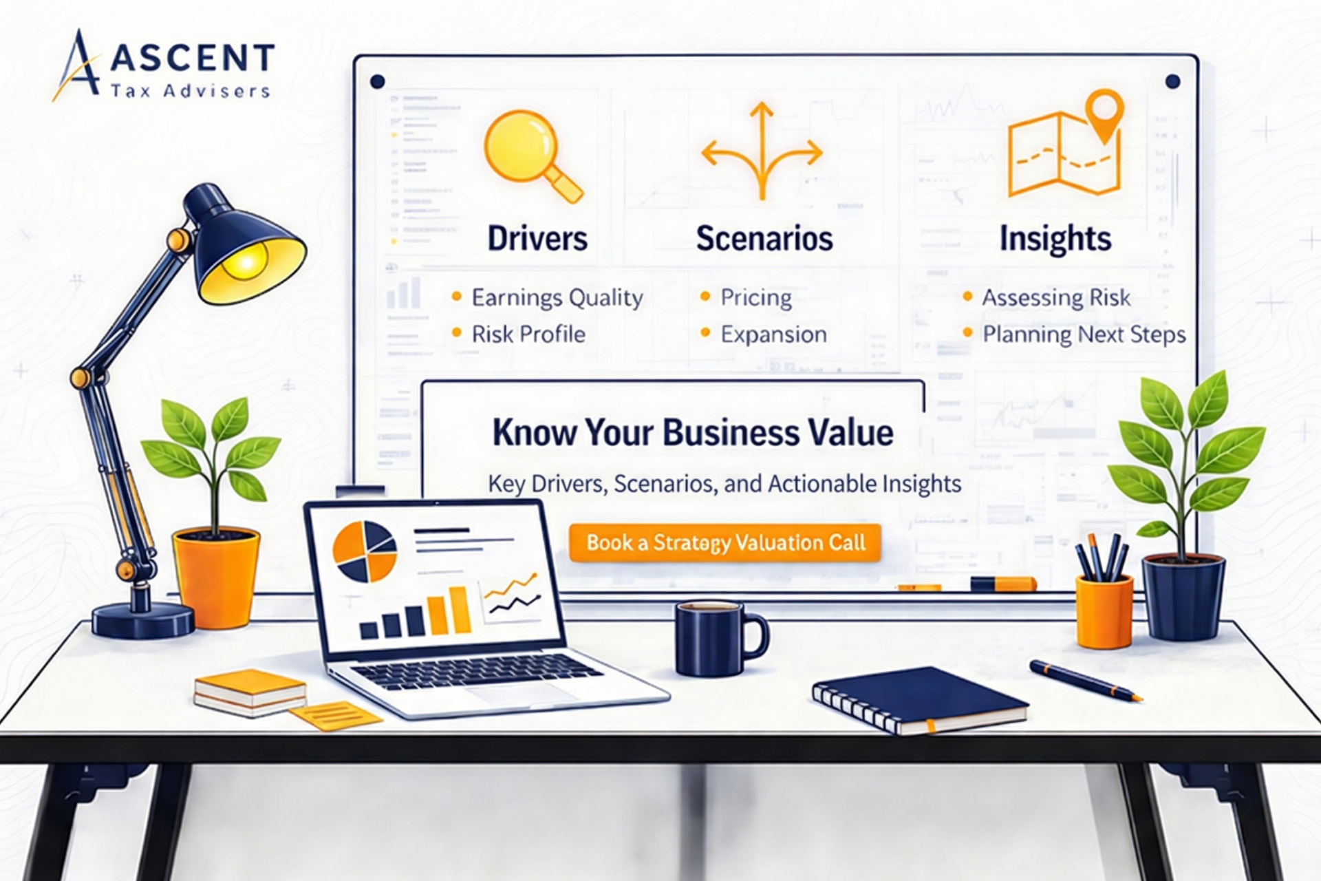Illustration of a strategic valuation planning scene with Drivers, Scenarios, and Insights, representing business valuation strategy and decision support.