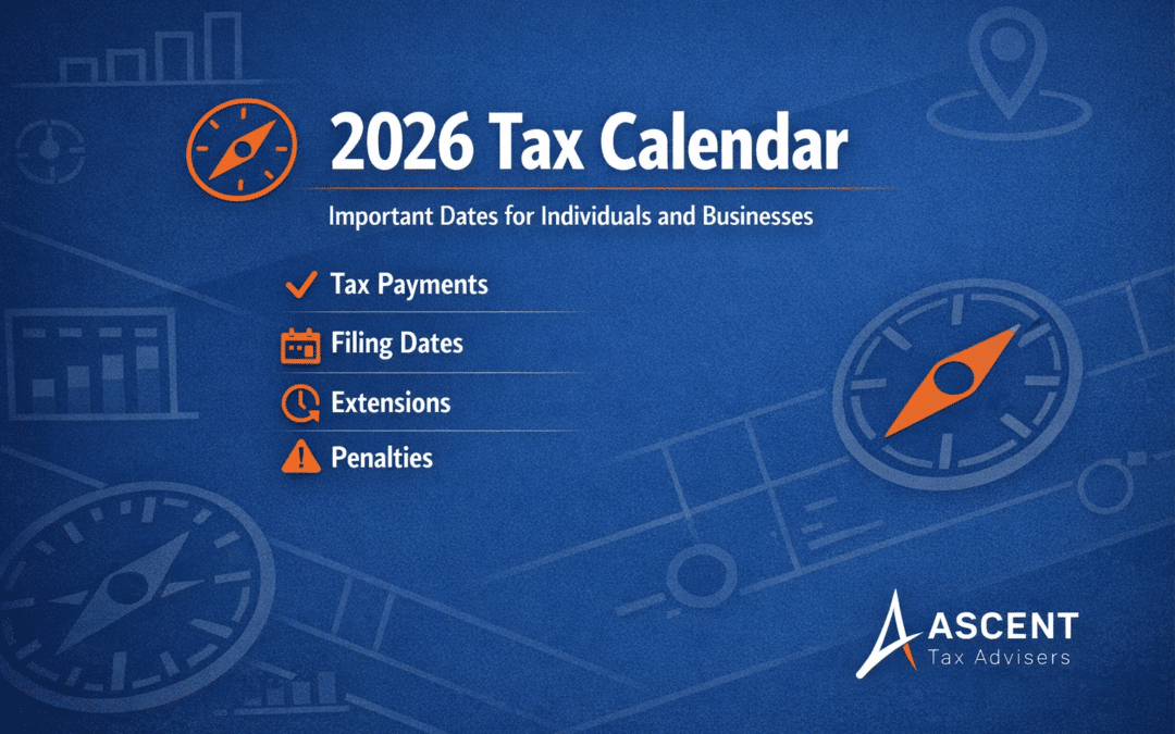 Infographic titled '2026 Tax Calendar' listing four key items (Tax Payments, Filing Dates, Extensions, Penalties) with orange icons on a blue background, Ascent Tax Advisers branding.