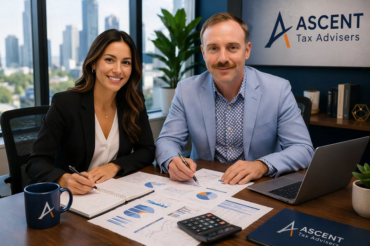 Accounting Services consultation with a small business accountant and tax accountant reviewing financial reports in a Dallas Fort Worth office