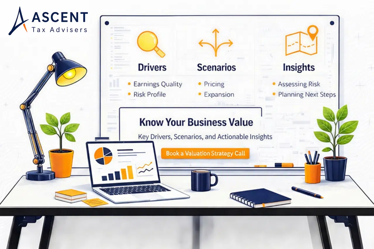 Illustration of a strategic valuation planning scene with Drivers, Scenarios, and Insights, representing business valuation strategy and decision support.
