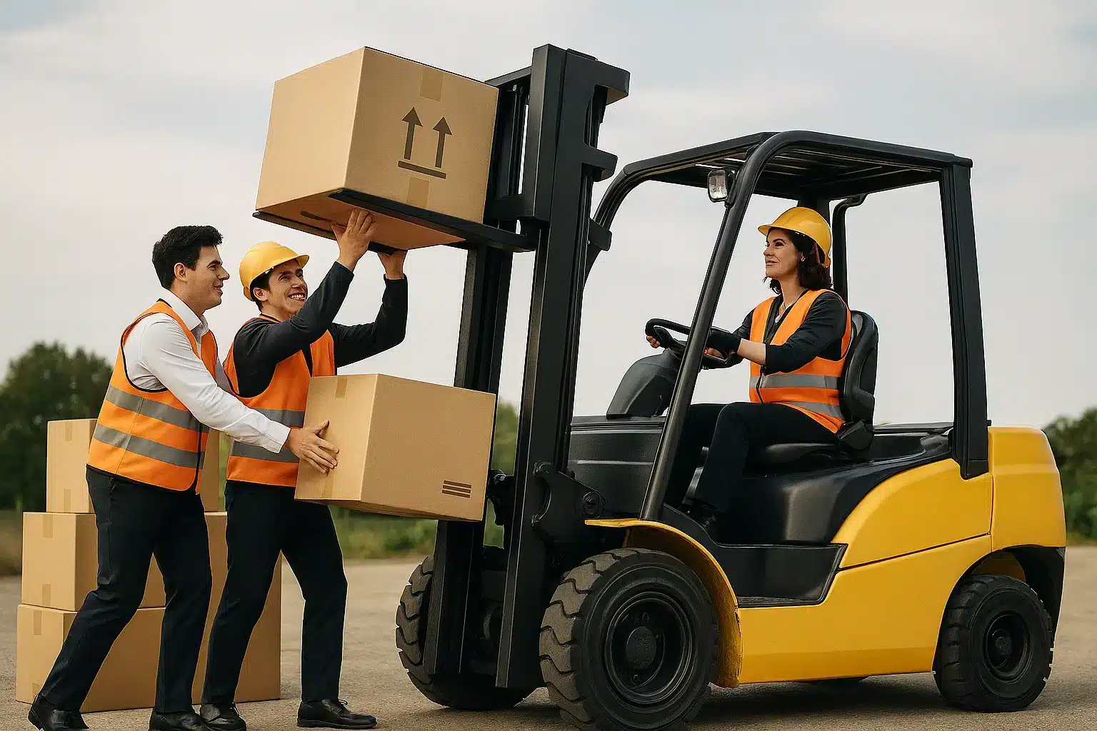 dallas-fort-worth-tax-services-warehouse-loading Woman driving a forklift while two men lift boxes from the forklift
